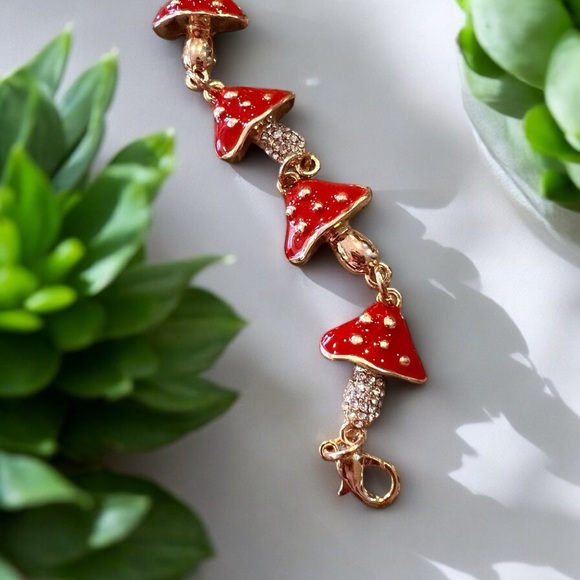 Mushroom bracelet adjustable red and gold enamel bracelet Toadstool rhinestones - Picture 16 of 17